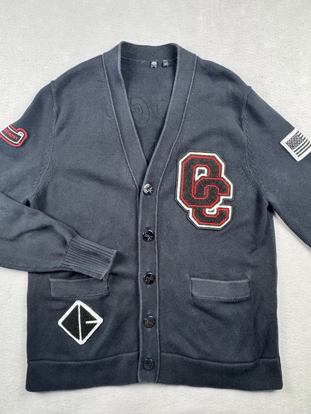 Opening Ceremony OC Torch Varsity Cardigan Sweater Black Embroidered Patch Large